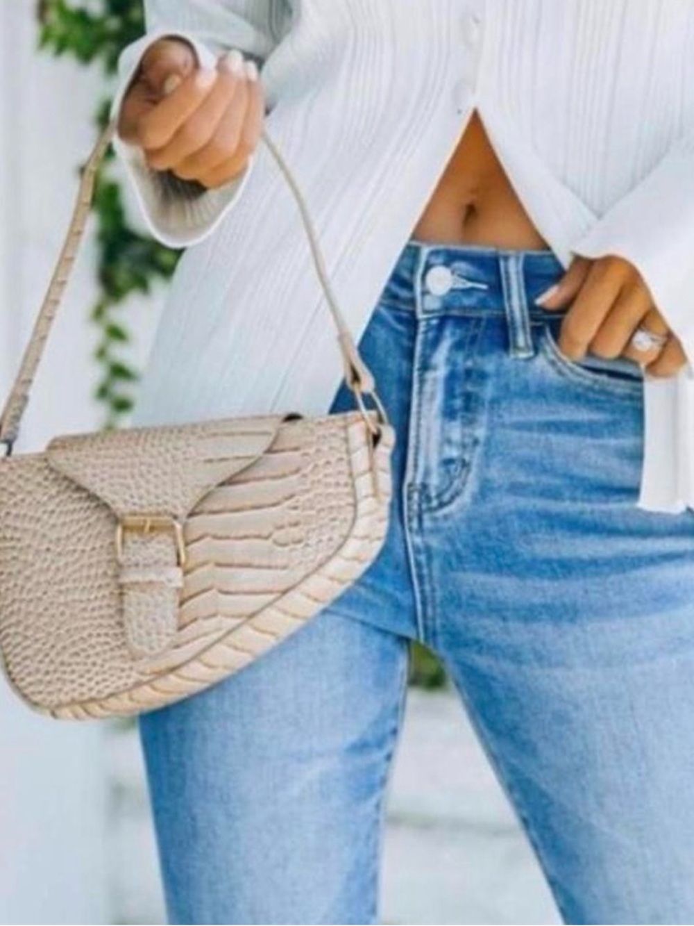Croc-Embossed Shoulder Bag with Gold Buckle